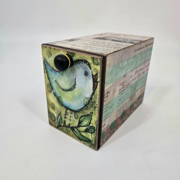 Lisa Kaus Whimsical Bird Print Mini Wooden Drawer Box Desk Storage Collage Words - Picture 1 of 12